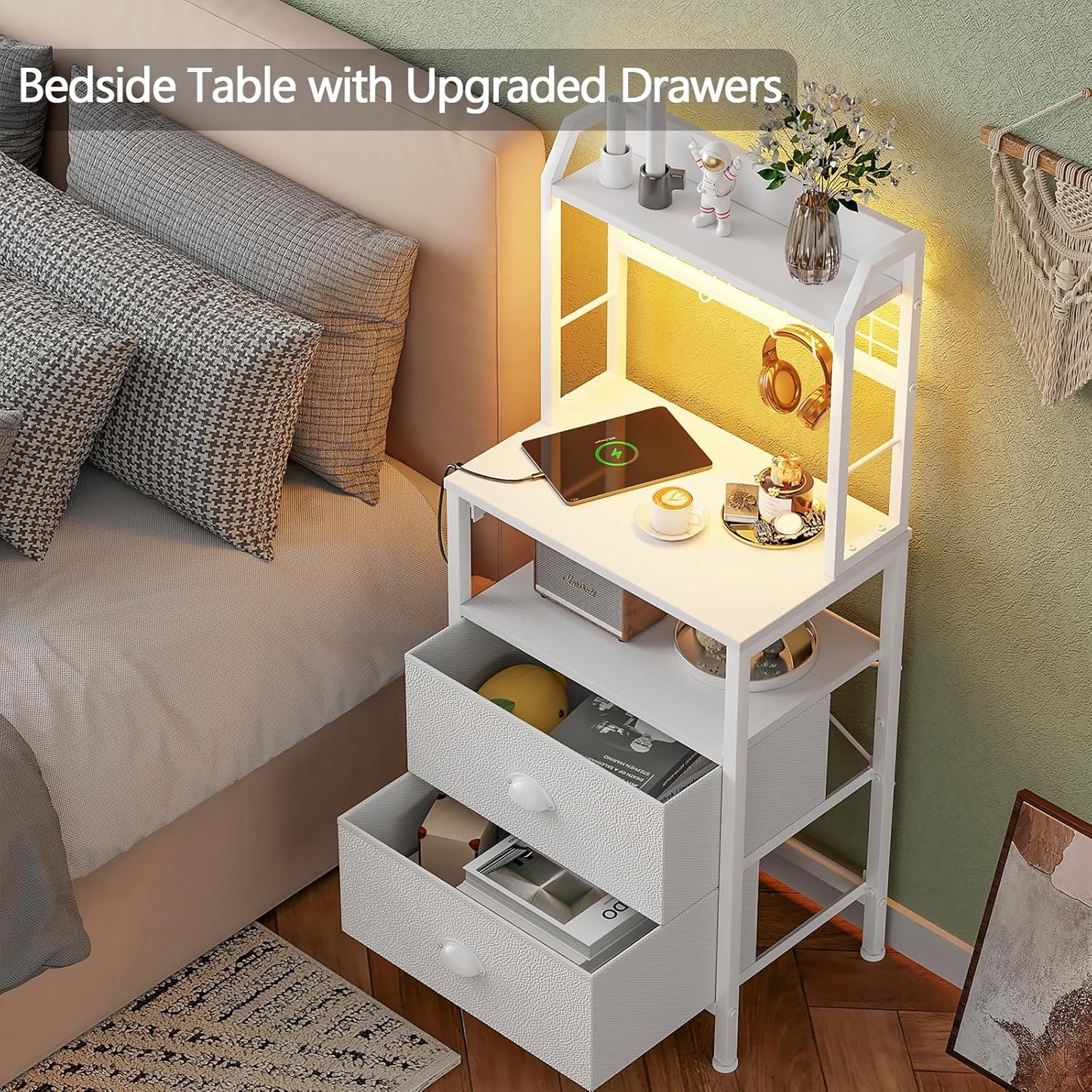 Furologee 40" Tall Nightstand with Charging Station, LED Lights & Storage – Bedside Table with Drawers & Pegboard