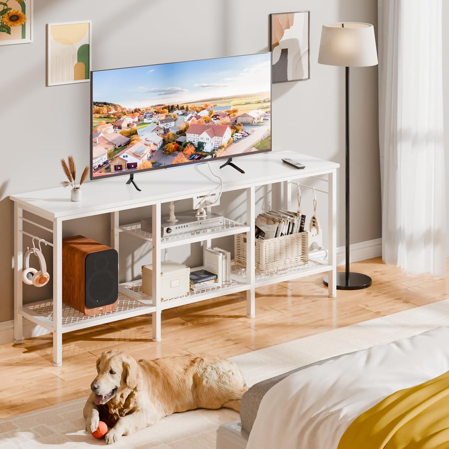 Furologee 55" TV Stand with Power Outlets, Open Storage & Soundbar Shelf – Media Console for Living Room & Bedroom
