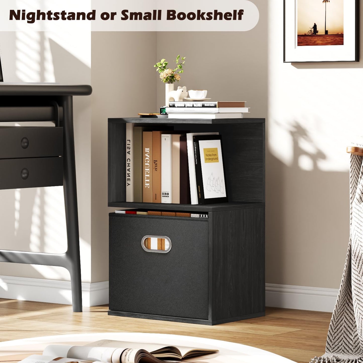 Modern 3-Tier Bedside Table with Charging Station and Storage Drawer, Wood Nightstand for Small Spaces in Bedroom or Living Room