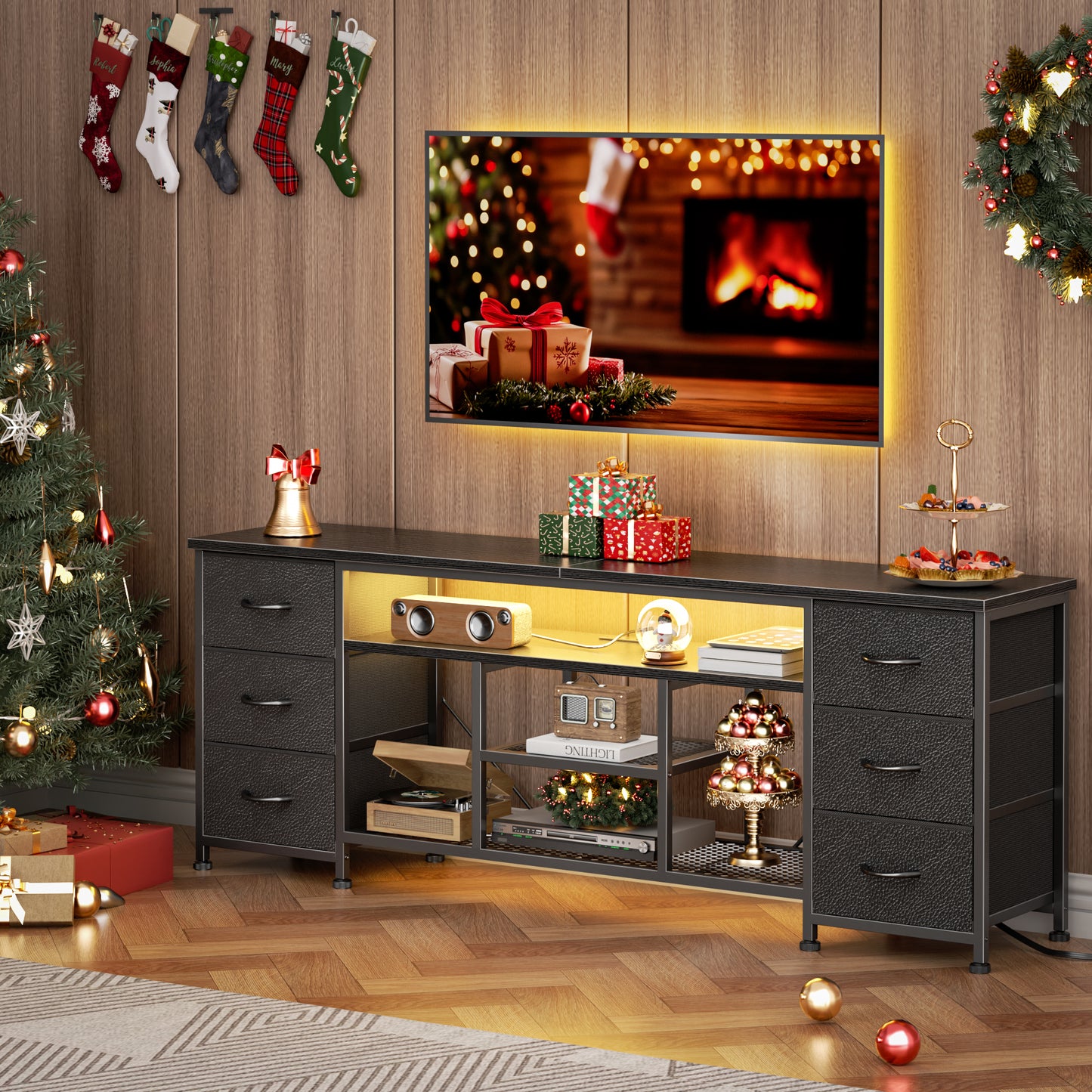 Furologee LED TV Stand for 65, 70 Inch TV, 63 Inch Entertainment Center with Power Outlets, 6 Fabric Drawers Dresser for Bedroom, Media Console with Open Shelves, PU Leather Surface, Black