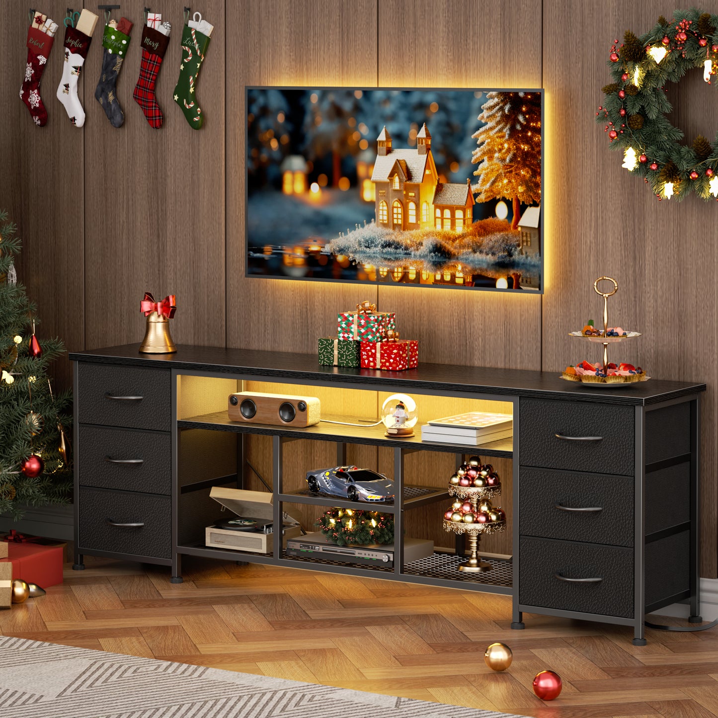 Furologee LED TV Stand for 65, 70, 80 Inch TV, 71 Inch Entertainment Center with Power Outlets, 6 Fabric Drawers Dresser for Bedroom, Media Console with Open Shelves, PU Leather Surface, Rustic Brown