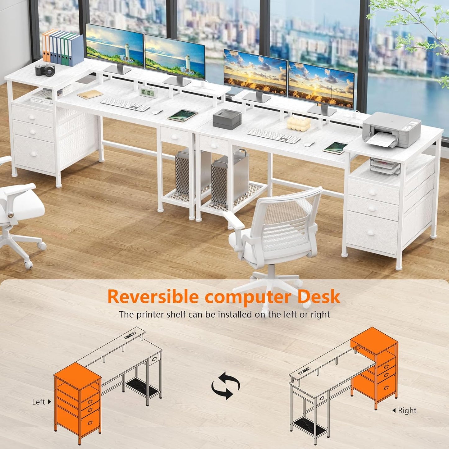 Furologee 60" Gaming Desk with LED Light & Charging Station – Dual Monitor Stands & Storage Cabinet for Home Office