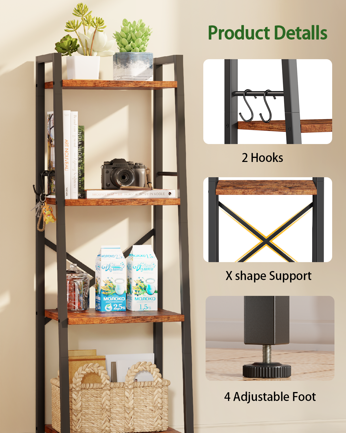 Furologee 4 Tier Ladder Bookshelf Narrow, Metal Wooden Ladder Shelf Bookcase with 2 Hooks