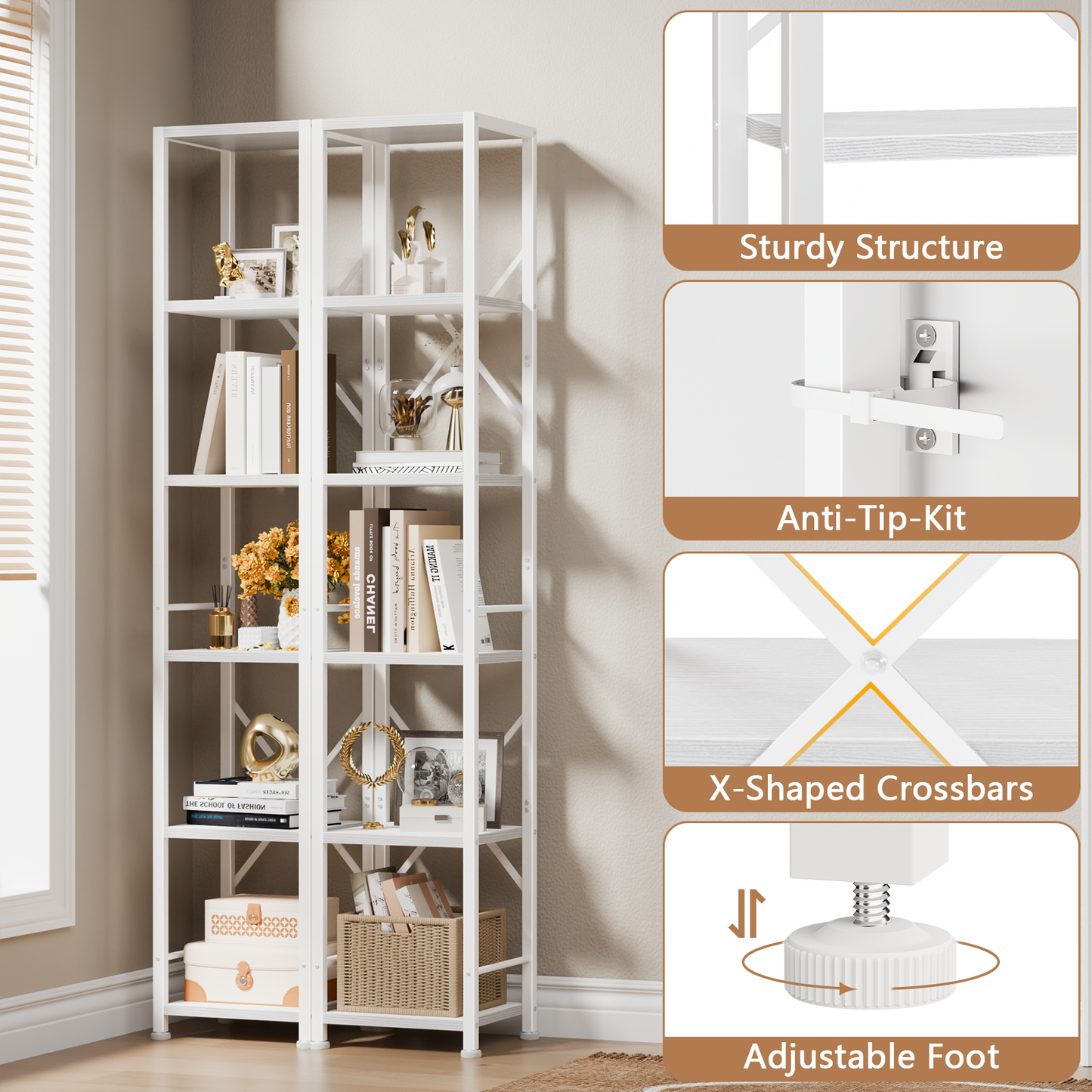 Furologee White Bookshelf 6 Tier Tall Narrow Bookcase, Modern Display Standing Shelf Unit