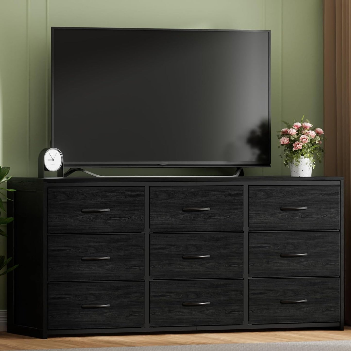 Black Dresser for Bedroom, Long Dresser for Closet, 9 Drawer TV Stand for 65 Inch TV, 15.75” Deepth Fabric Drawer, Chest of Drawer Large Storage Organizer, Hallway Furniture, Wooden Top Side