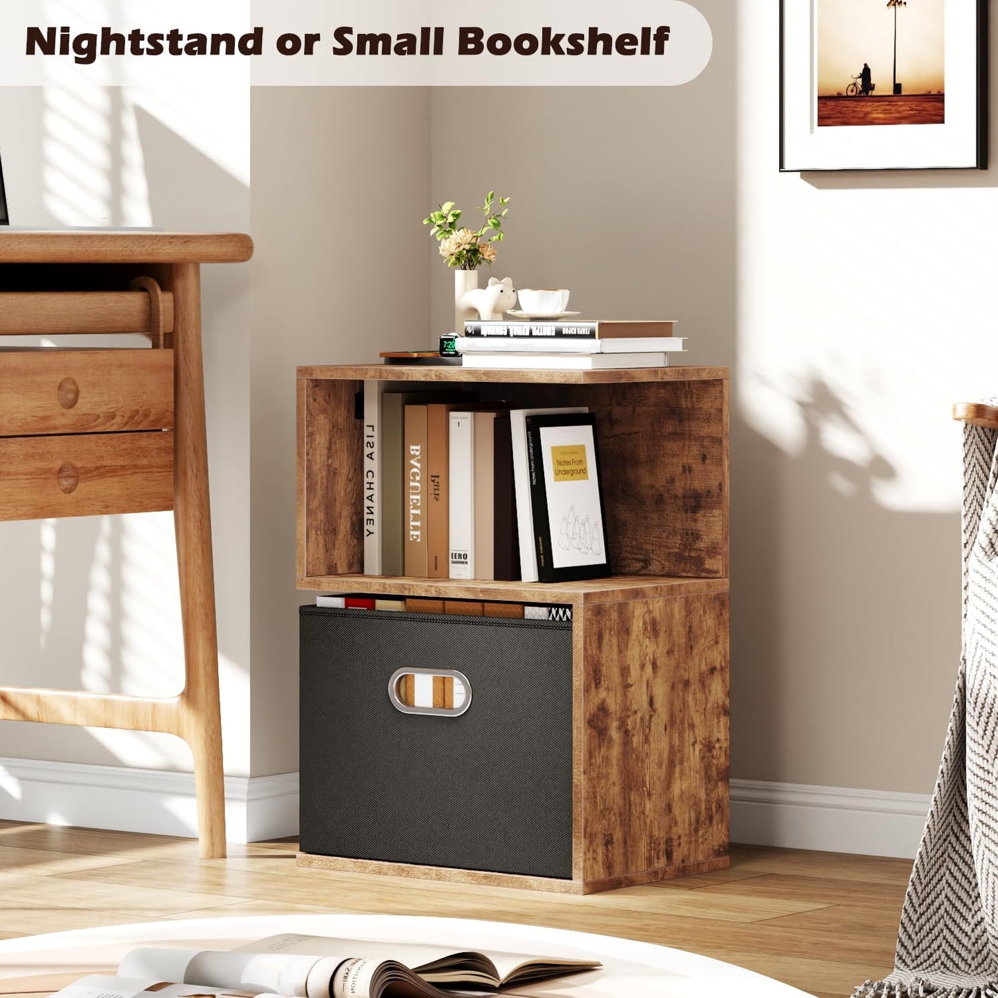 Modern 3-Tier Bedside Table with Charging Station and Storage Drawer, Wood Nightstand for Small Spaces in Bedroom or Living Room