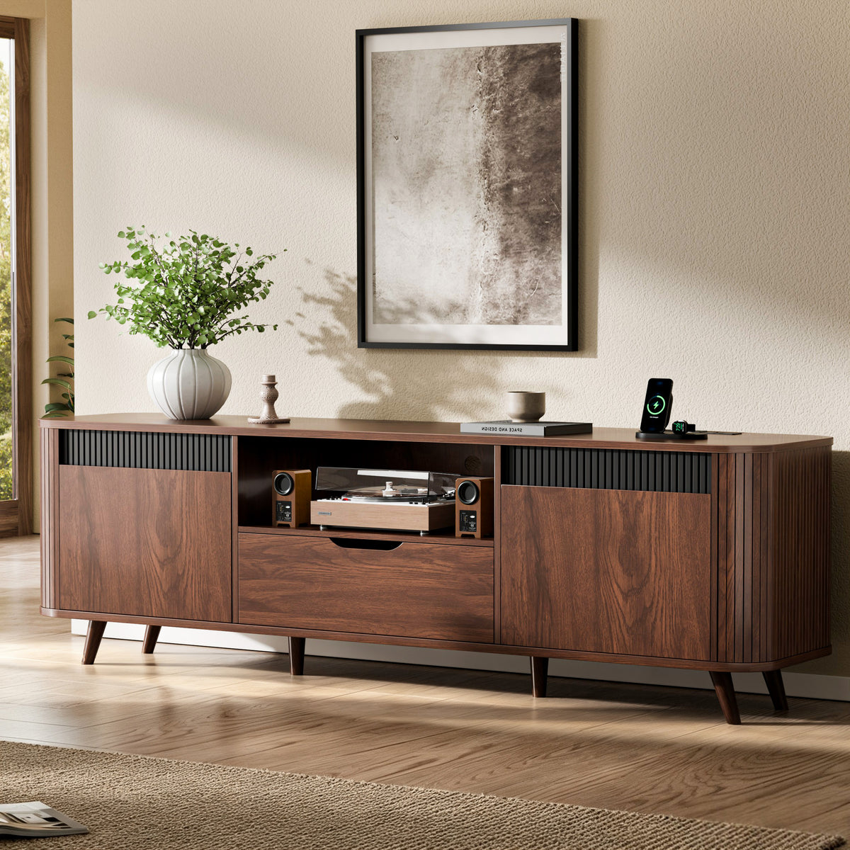 Furologee 63'' TV Stand for 65'' TV, Entertainment Center with Power Outlet
Mid Century Media TV Console Table with Storage, 2 Cabinets, 1 Drawer and Open Shelves for Living Room, Cable Holes, Walnut
