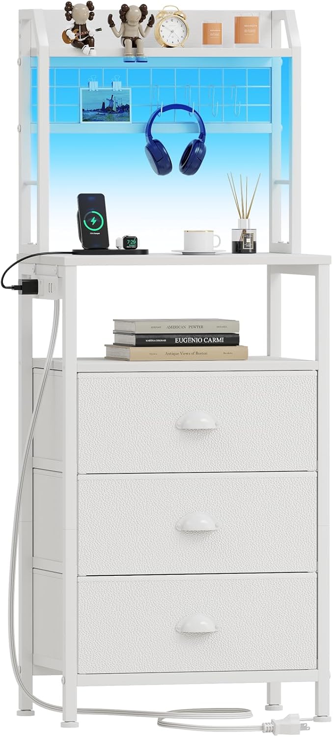 Furologee 40" Tall Nightstand with Charging Station, LED Lights & Storage – Bedside Table with Drawers & Pegboard