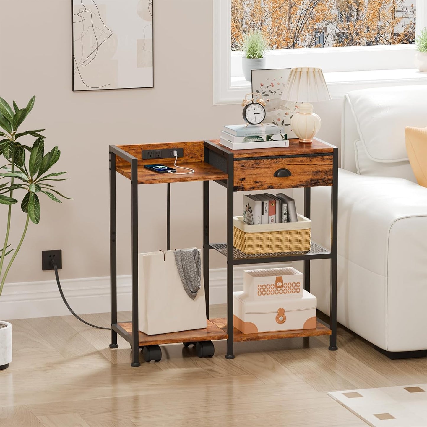 Furologee 3-Tier Printer Stand with Drawer, Charging Station & Wheels – Rustic Brown Printer Table with USB Ports for Home Office