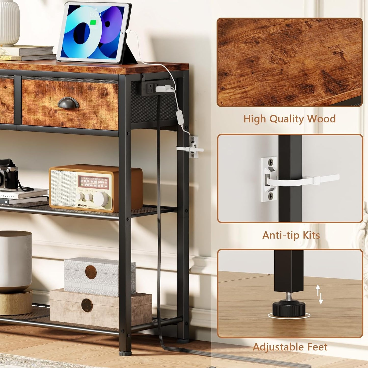 Furologee 38" Entryway Table with LED, Charging Station & 3 Fabric Drawers – Rustic Console Table with Storage Shelves