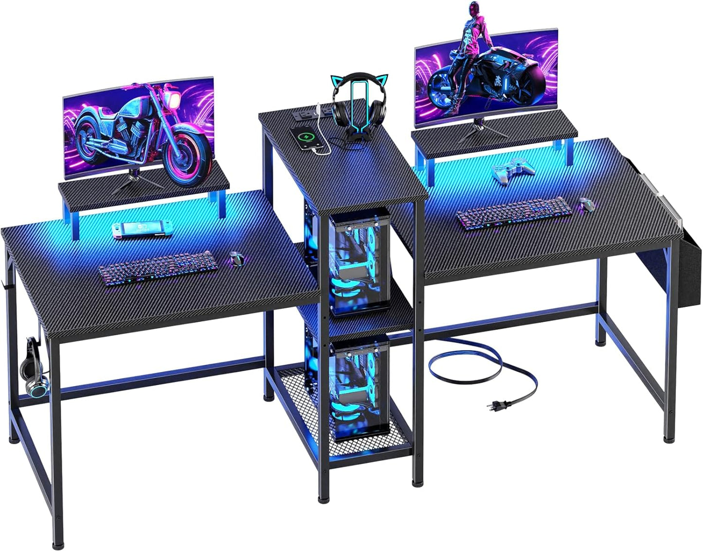 Furologee 71" Double Computer Desk with Power Outlets, Storage Bag & Headphone Hooks – Home Office Gaming or Study Table for 2