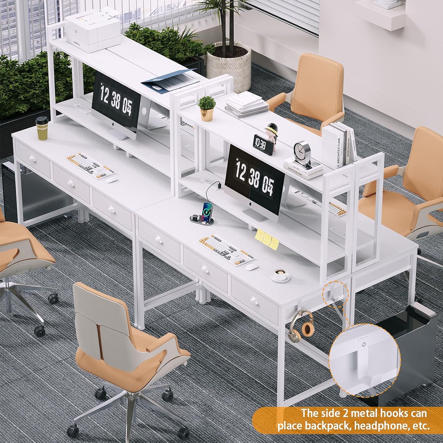 Furologee Computer Desk – 3 Drawers, Power Outlet, LED Light, Monitor Stand & Hutch, White