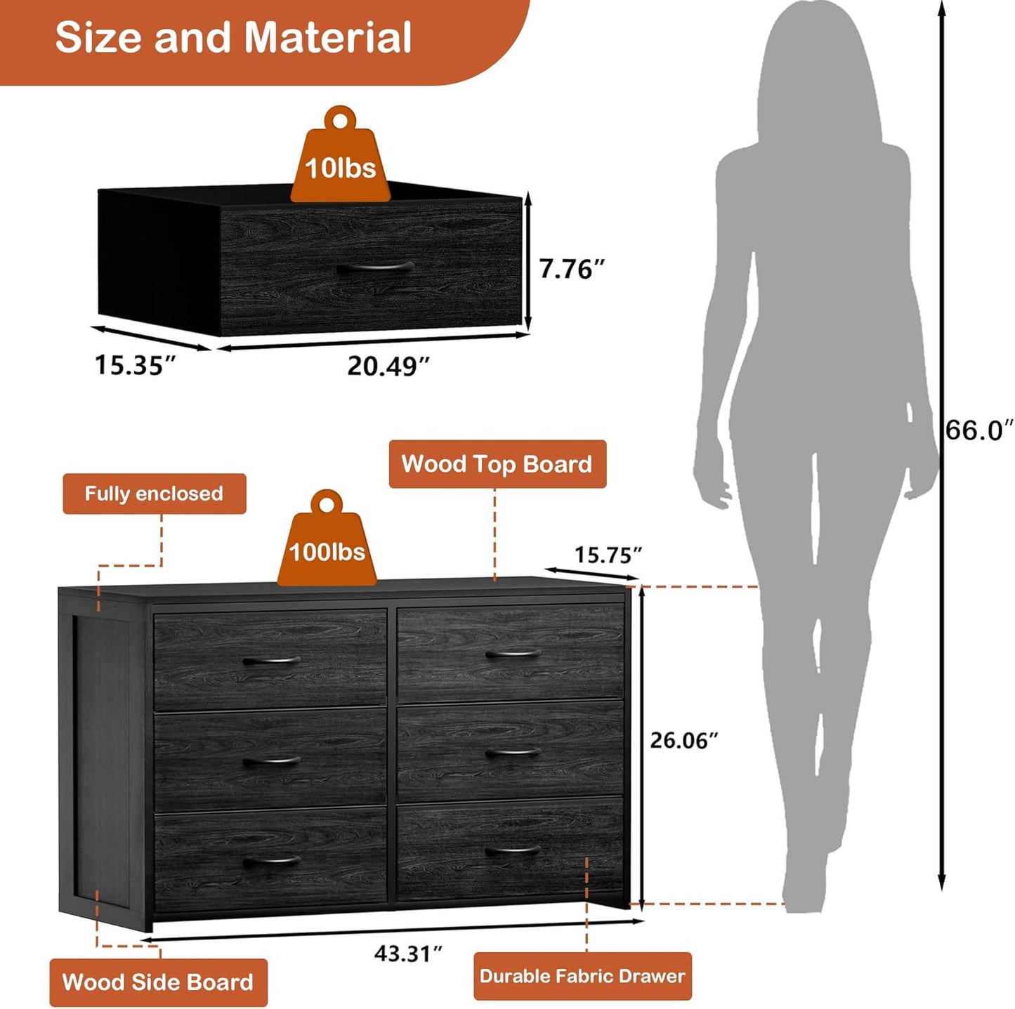 6 Drawer Dresser for Bedroom, TV Stand for 55” TV, Black Dresser for Closet, Entryway, 15.75” Deepth Fabric Drawer, Large Storage Organizer, Wooden Top and Side Board, Sturdy Steel Frame