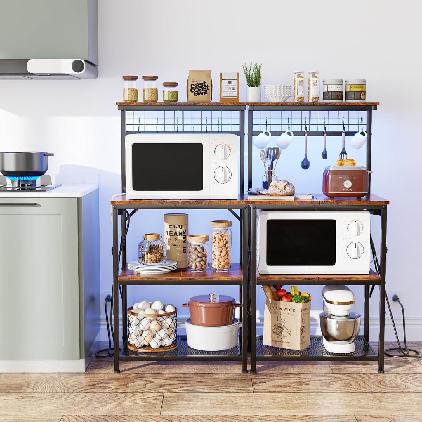 Furologee Kitchen Bakers Rack with LED Light & Outlet, Microwave Coffee Bar Stand with Storage Shelves & Hooks
