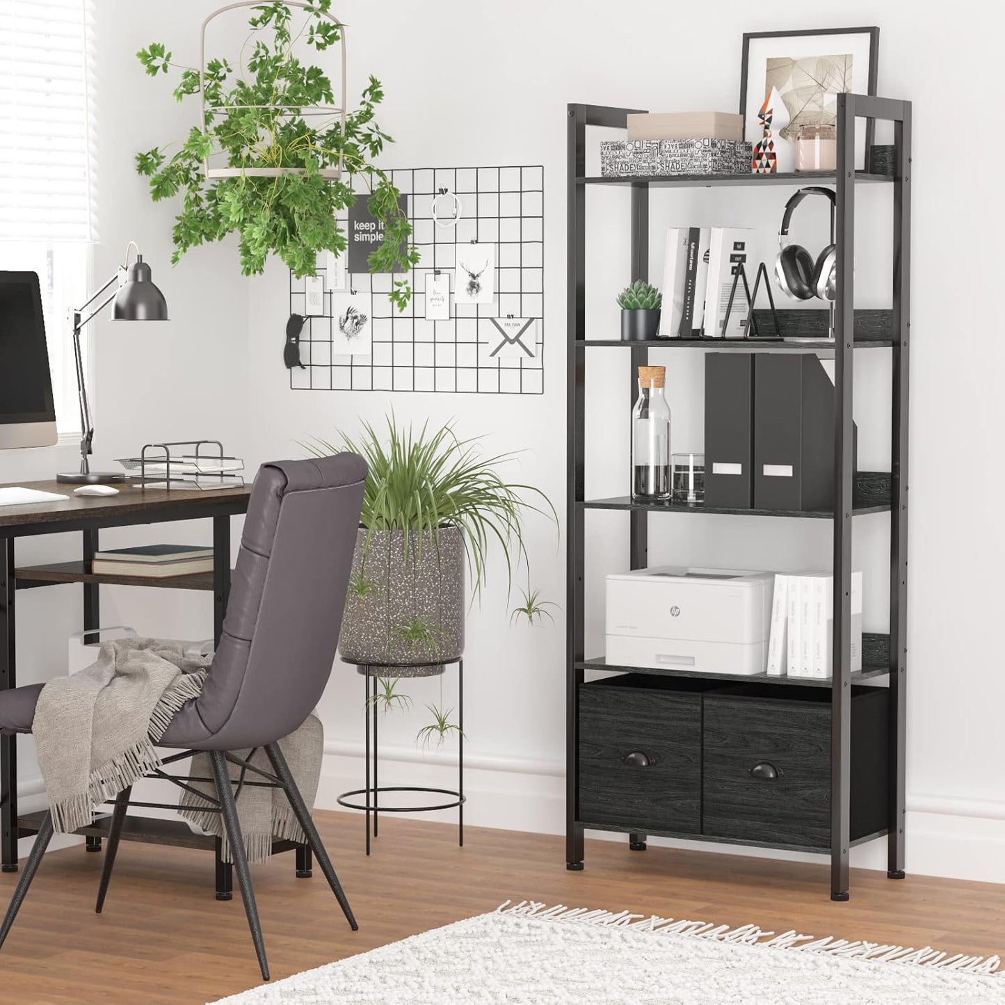Furologee 5-Tier Bookshelf with Drawers – Tall Industrial Bookcase for Living Room or Office