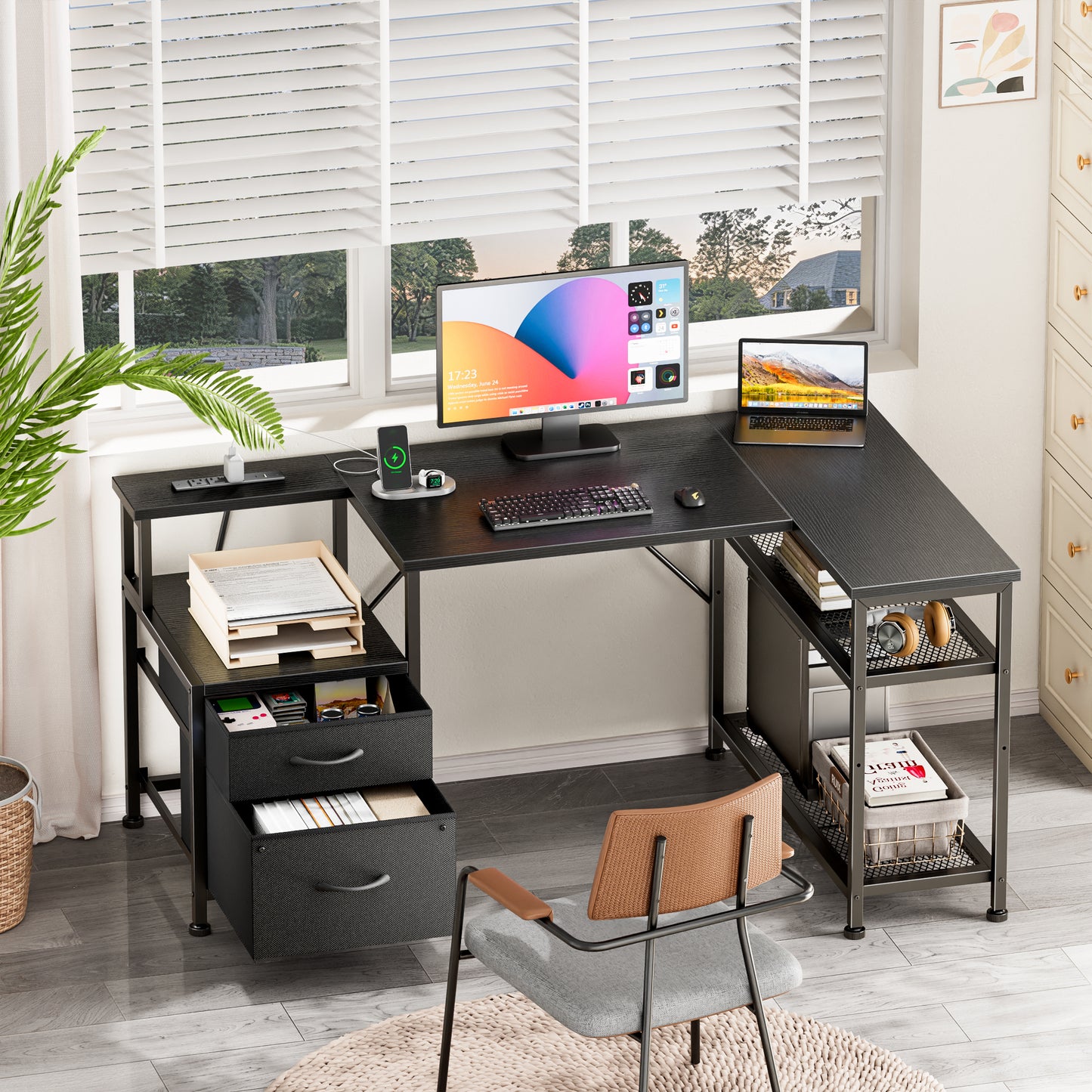 Furologee 49 Inch L Shaped Computer Desk with Power Outlets, Home Office Desk with Fabric Drawer & File Cabinet, Reversible Corner Gaming Desk with Printer Stand, for Working, Studying, Gaming, Black