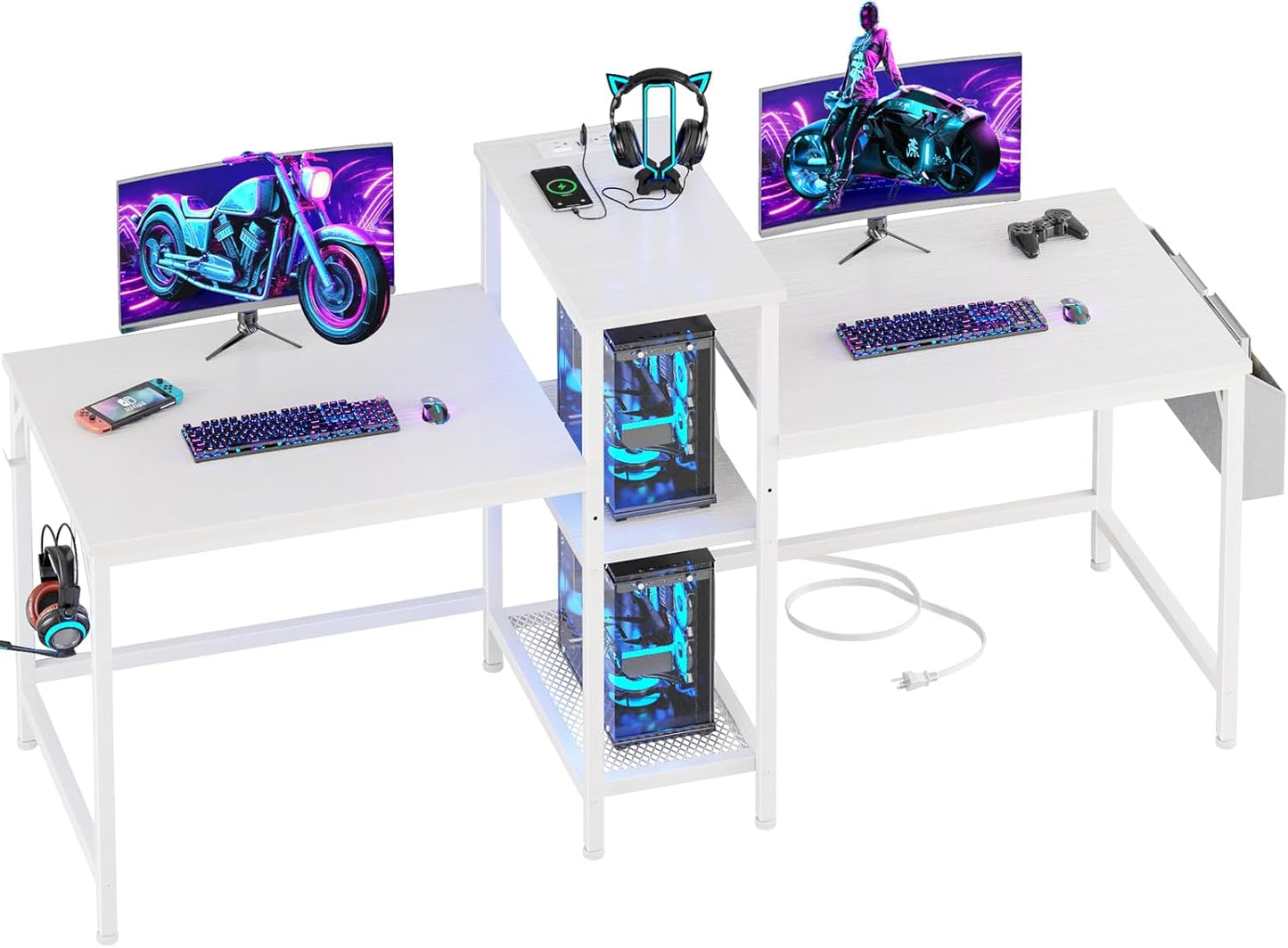 Furologee 71" Double Computer Desk with Power Outlets, Storage Bag & Headphone Hooks – Home Office Gaming or Study Table for 2