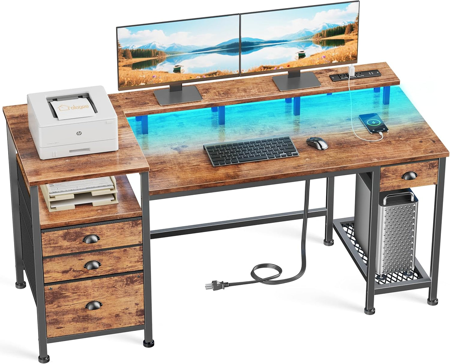 Furologee 60" Gaming Desk with LED Light & Charging Station – Dual Monitor Stands & Storage Cabinet for Home Office