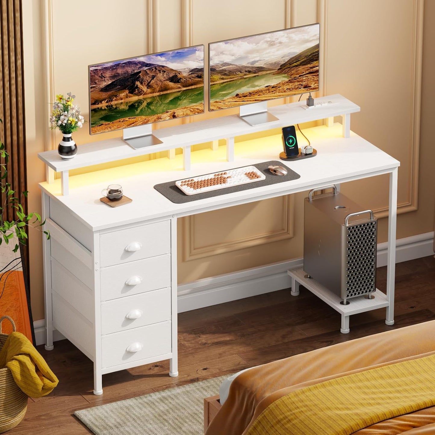 Furologee 55" Gaming Computer Desk with LED Lights, Power Outlets & 4 Fabric Drawers – Monitor Stand & Shelf for Home Office