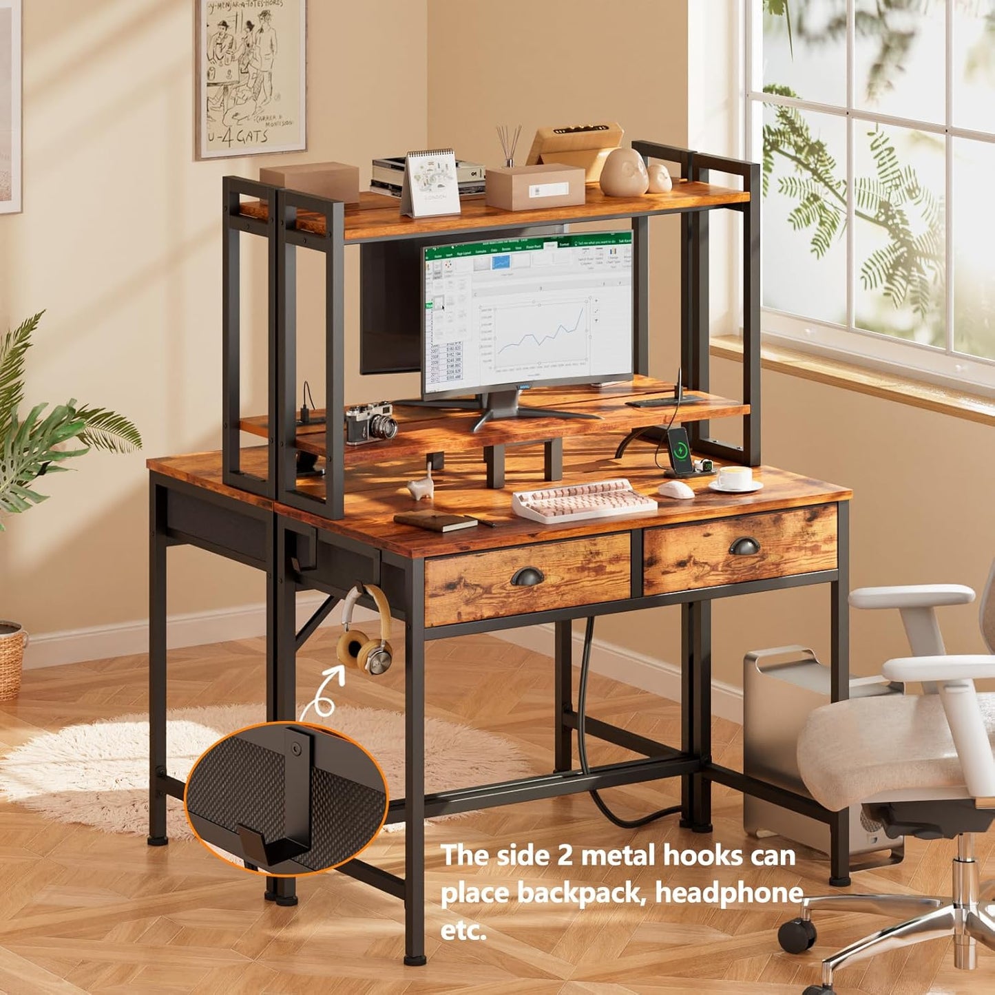 Furologee 36” Computer Desk with Hutch, LED & Power Outlet, Rustic Writing Table with Storage