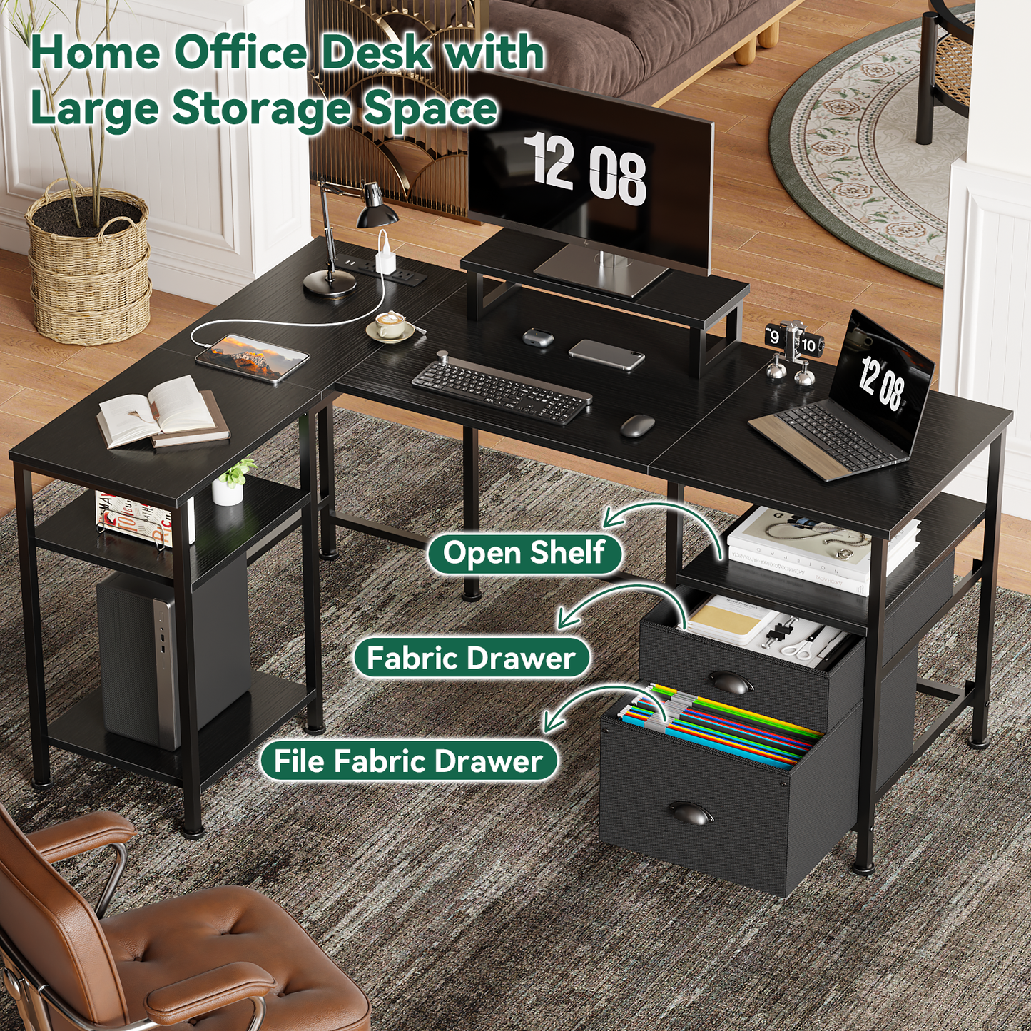 Furologee 50 Inch L Shaped Gaming Desk with Power Outlets, Computer Desk with Storage Shelves & Drawers & Monitor Stand, Reversible Gaming Table for Bedroom and Home Office, Black