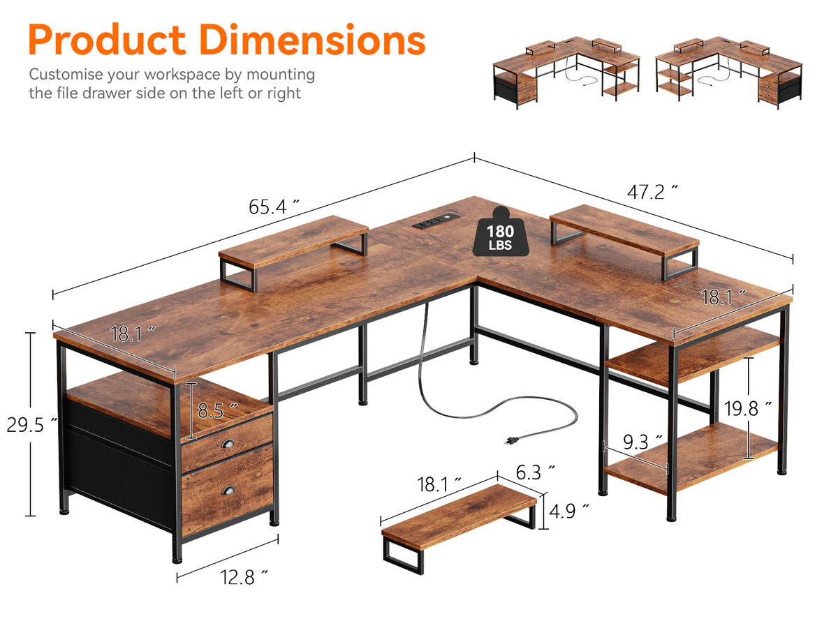 Furologee 66'' L Shaped Desk with Power Outlet and 2 Drawers, Rustic Brown Reversible Computer Office Desk, Dual Monitor Stand, Fabric File Cabinet, Storage Shelves, for Corner Working Study Table