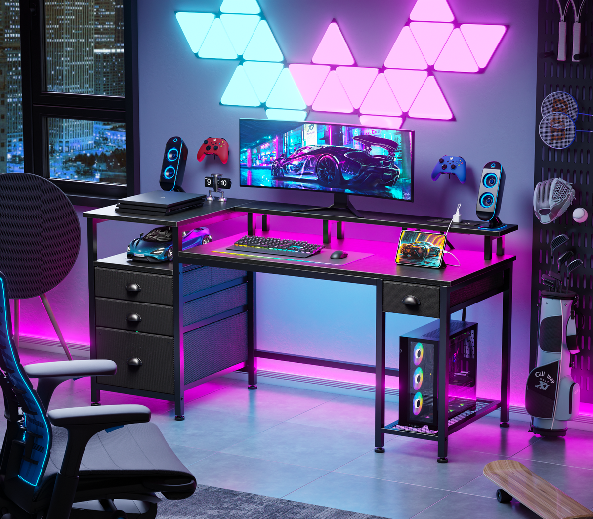 Furologee 60" Gaming Desk with 4 Drawers & LED Lights, Power Outlet, Black
Computer Desk with Full Monitor Stand, Fabric File Cabinet ,Printer Space for Home Office Working Gamer Table with Shelf