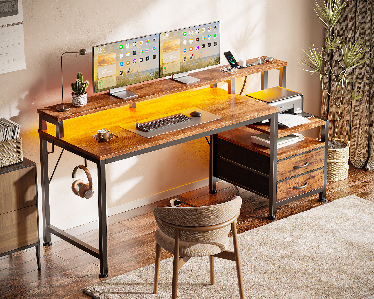 Furologee 55" Gaming Desk with LED Lights & USB-C Port, Reversible Computer Desk with Monitor Stand, Storage Shelves & 2 Fabric Drawers, Home Office Table with Power Outlets & Hooks, Rustic Brown