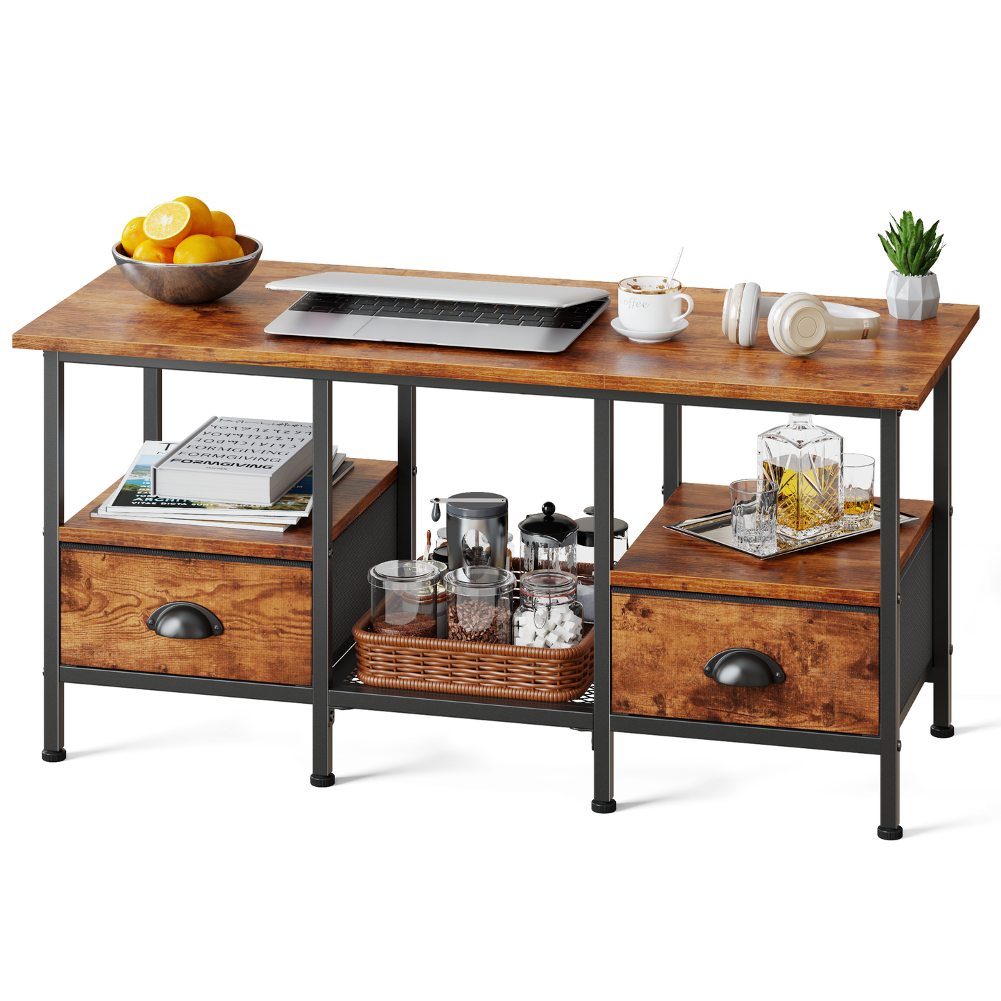 Furologee 35" Coffee Table with Storage Drawers, Rustic Industrial Center Table with 2-Tier Shelf for Small Living Rooms