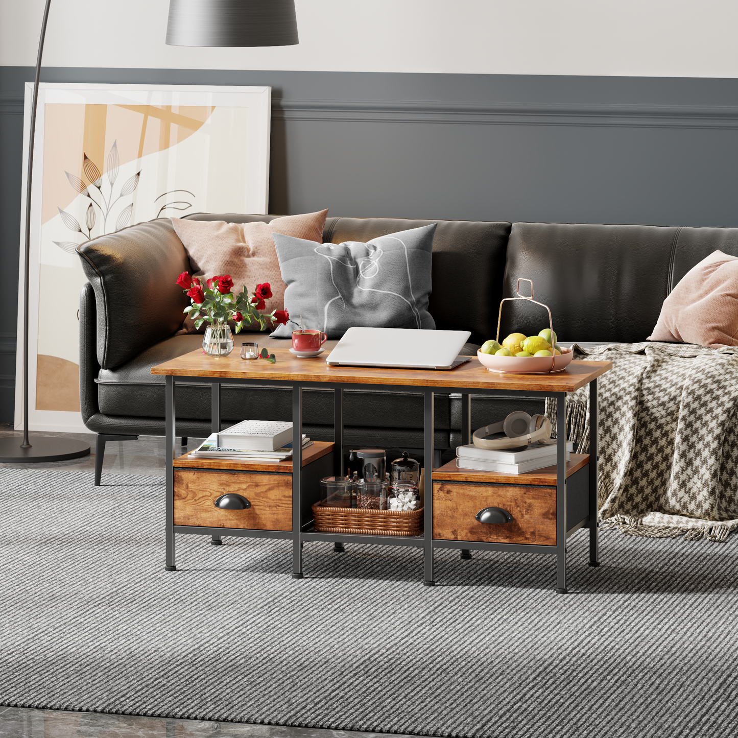 Furologee 35" Coffee Table with Storage Drawers, Rustic Industrial Center Table with 2-Tier Shelf for Small Living Rooms