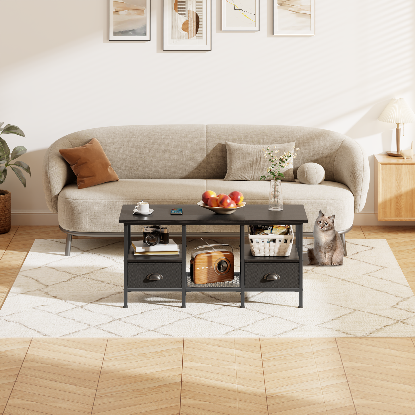 Furologee 35" Coffee Table with Storage Drawers, Rustic Industrial Center Table with 2-Tier Shelf for Small Living Rooms