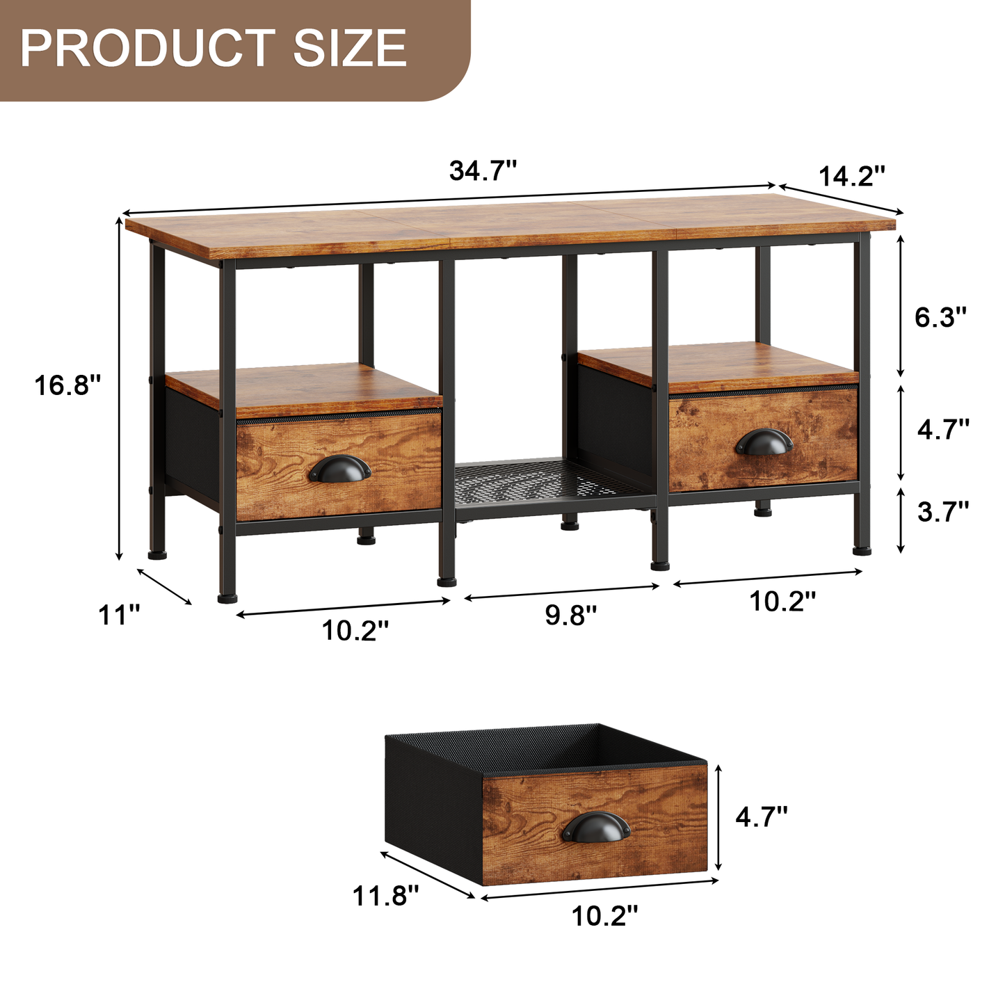 Furologee 35" Coffee Table with Storage Drawers, Rustic Industrial Center Table with 2-Tier Shelf for Small Living Rooms