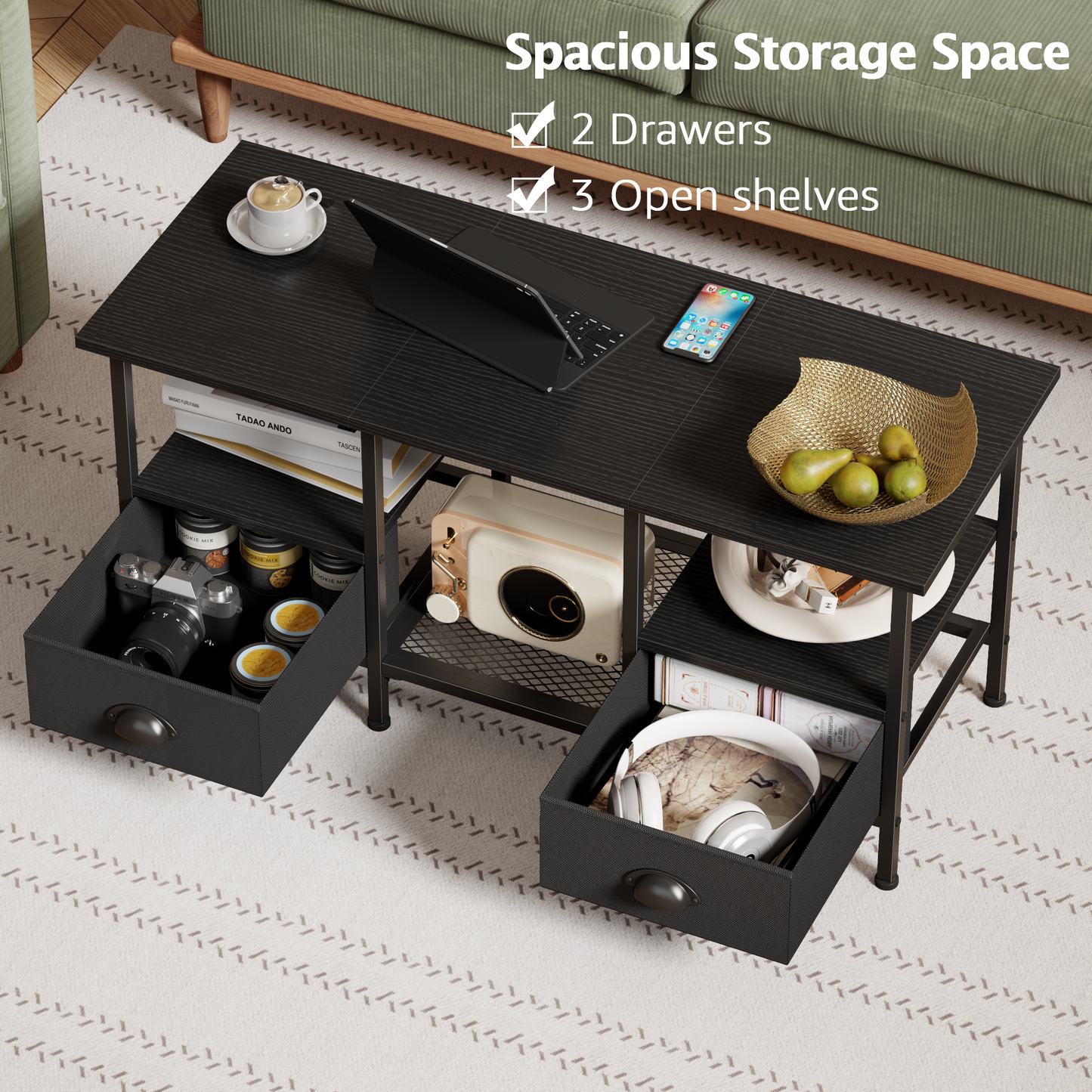 Furologee 35" Coffee Table with Storage Drawers, Rustic Industrial Center Table with 2-Tier Shelf for Small Living Rooms