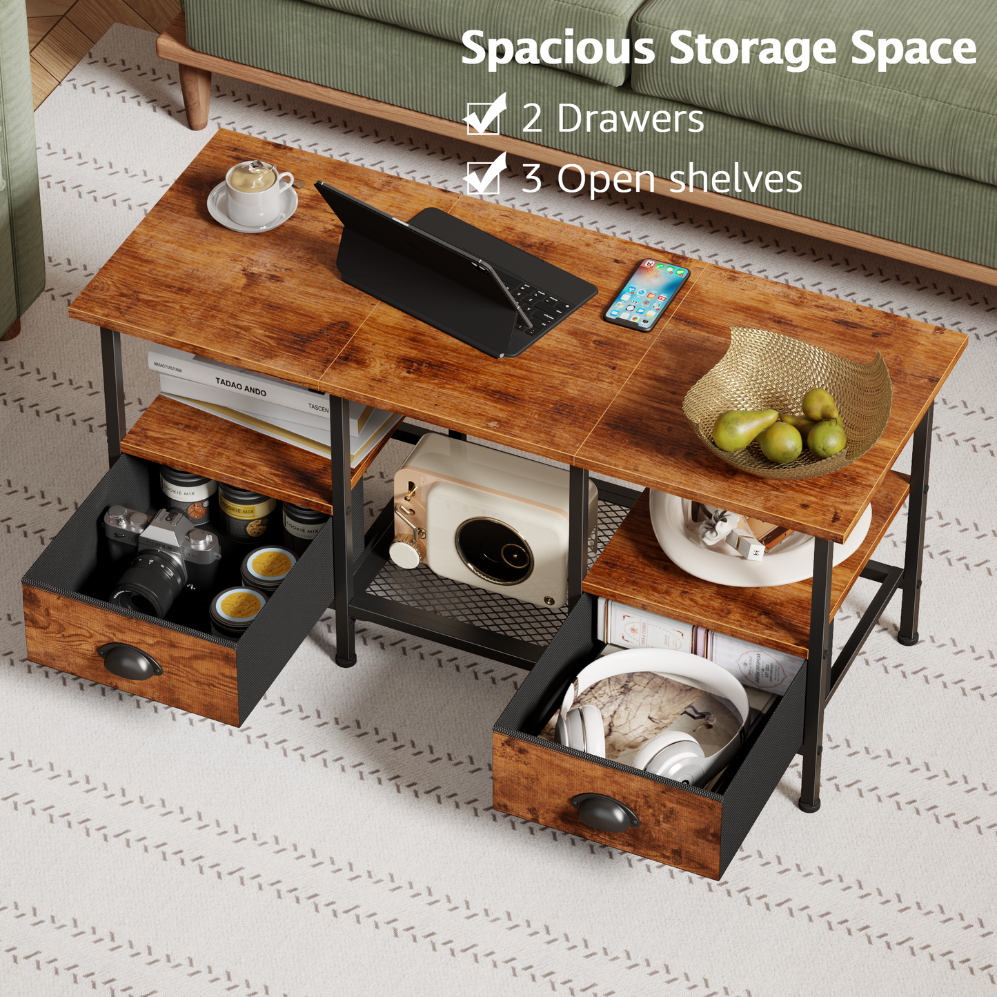 Furologee 35" Coffee Table with Storage Drawers, Rustic Industrial Center Table with 2-Tier Shelf for Small Living Rooms