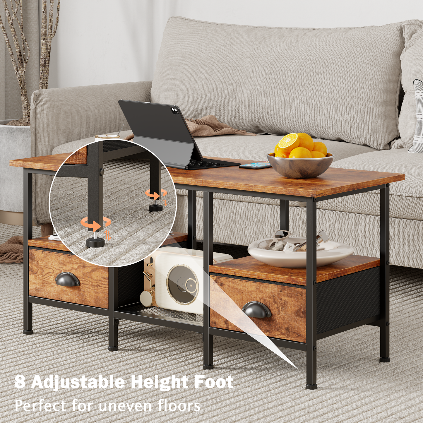 Furologee 35" Coffee Table with Storage Drawers, Rustic Industrial Center Table with 2-Tier Shelf for Small Living Rooms