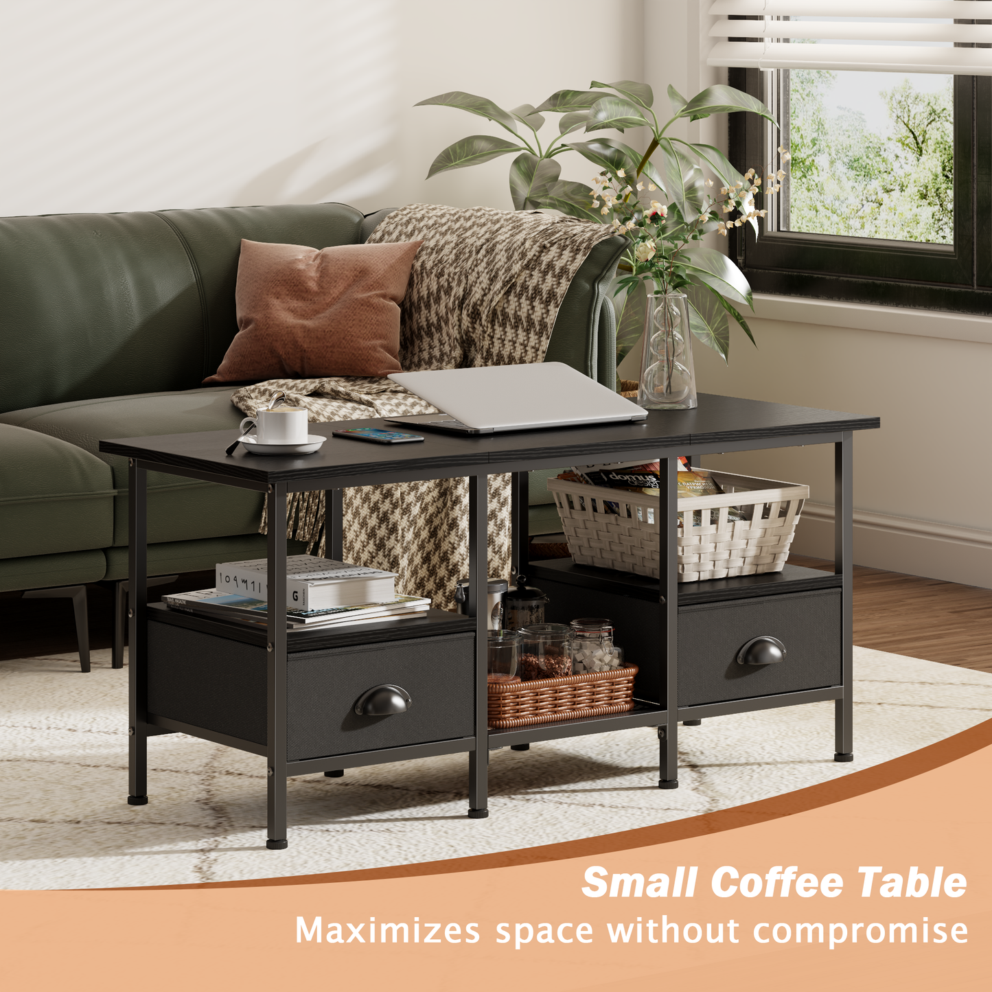 Furologee 35" Coffee Table with Storage Drawers, Rustic Industrial Center Table with 2-Tier Shelf for Small Living Rooms