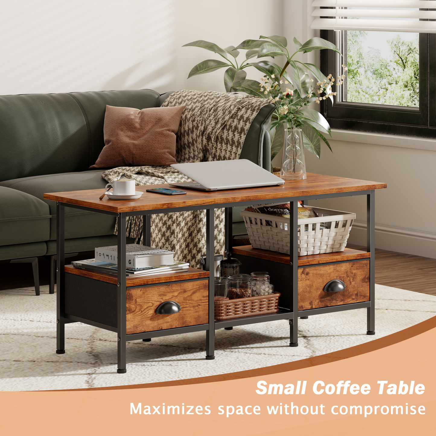 Furologee 35" Coffee Table with Storage Drawers, Rustic Industrial Center Table with 2-Tier Shelf for Small Living Rooms