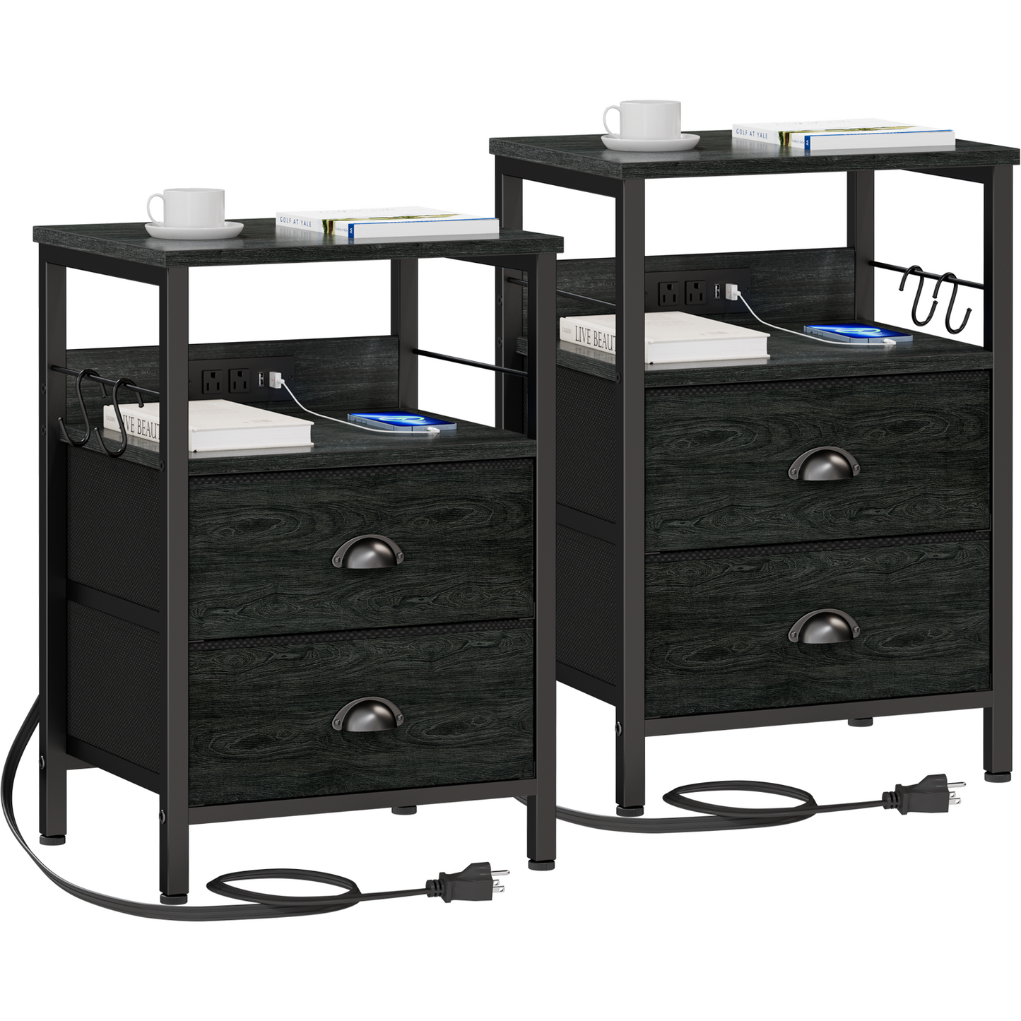 Furologee Nightstand Set of 2, with Charging Station and USB Ports