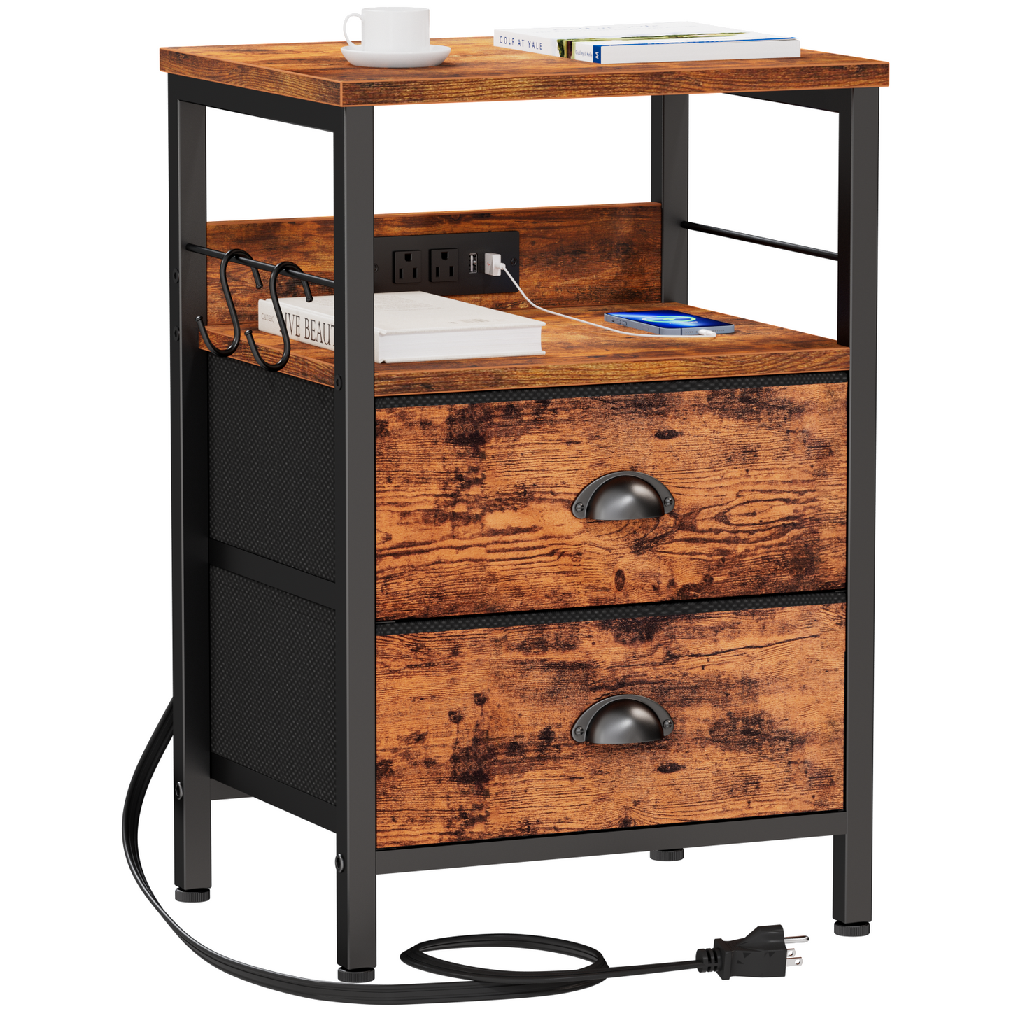 Furologee Nightstand Set of 2, with Charging Station and USB Ports
