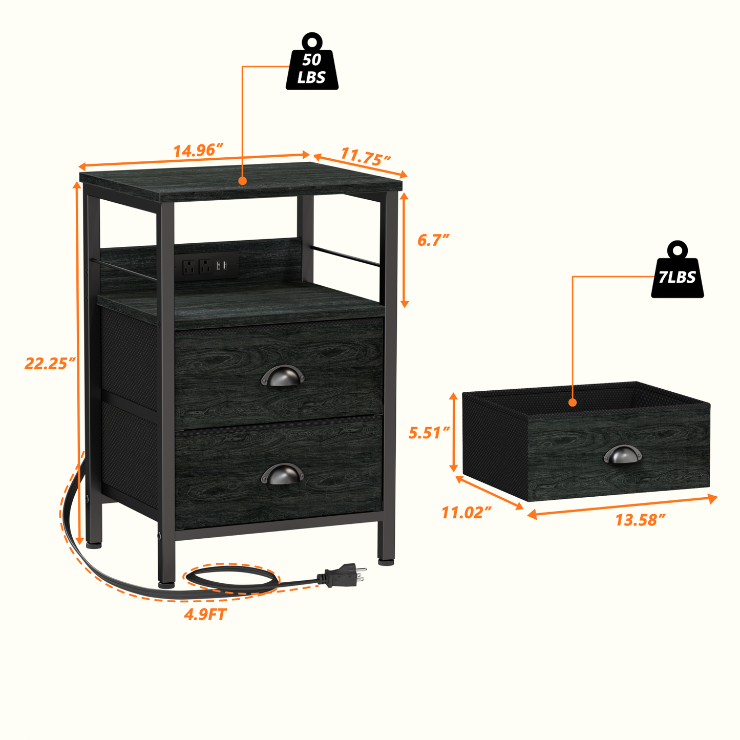 Furologee Nightstand Set of 2, with Charging Station and USB Ports