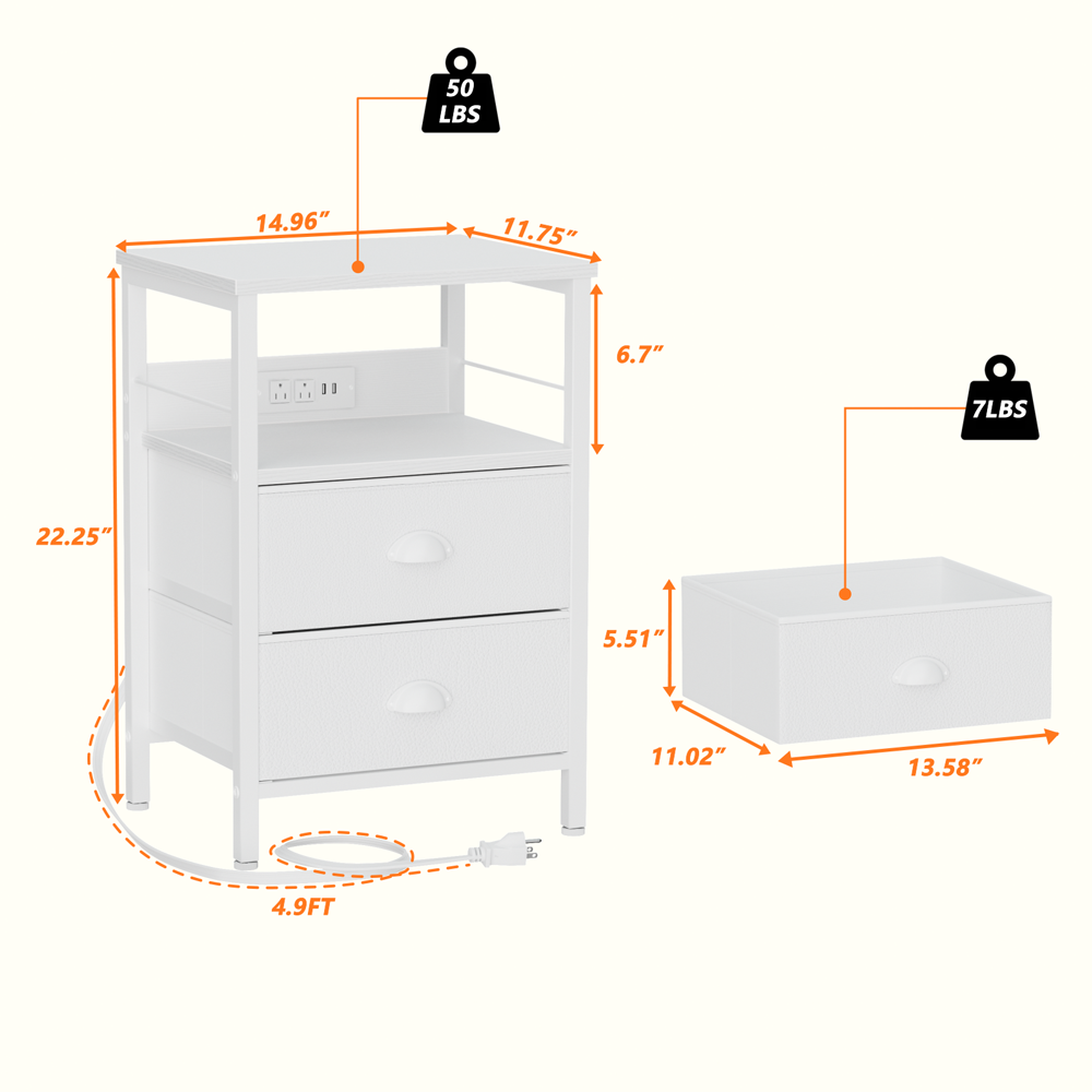 Furologee Nightstand Set of 2, with Charging Station and USB Ports