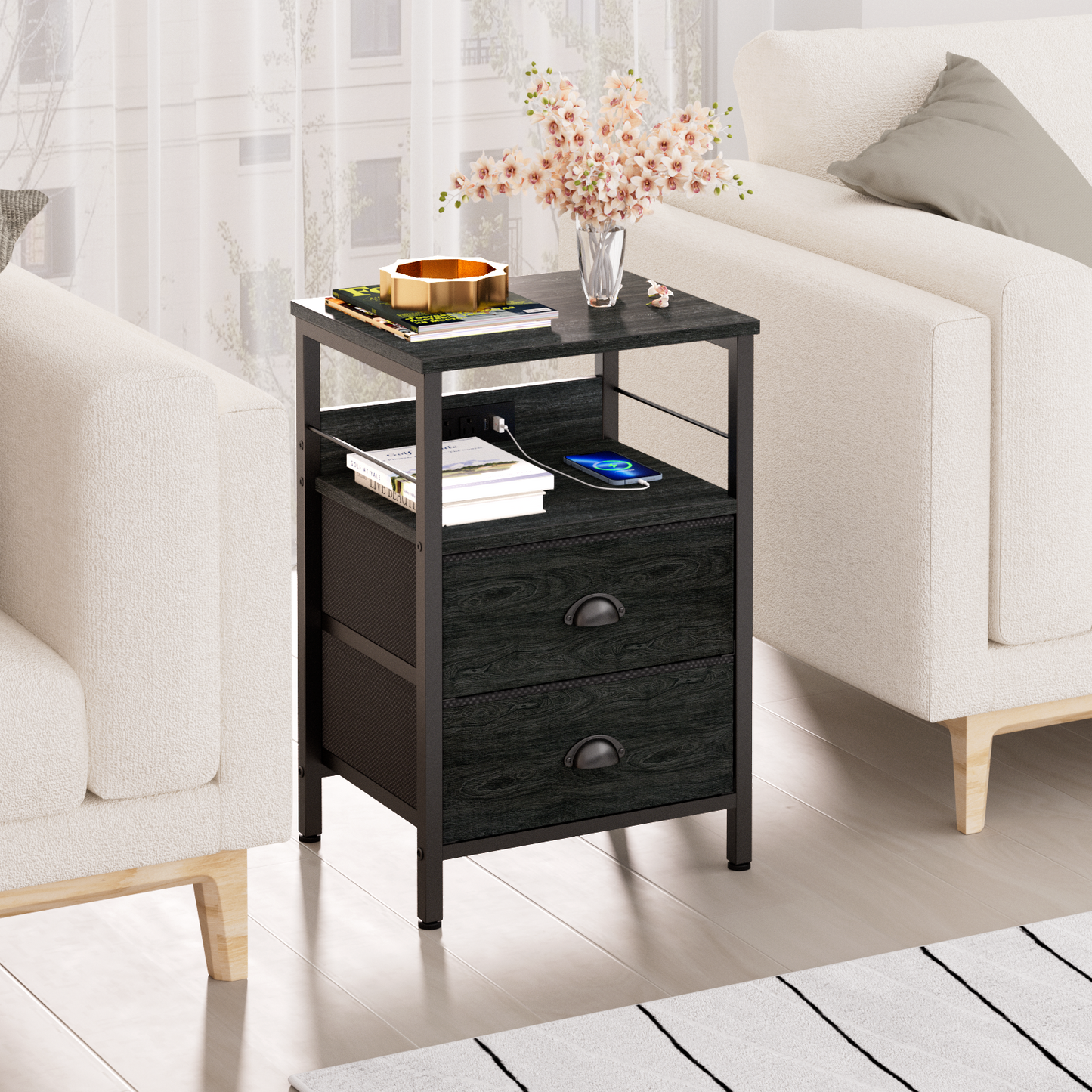 Furologee Nightstand Set of 2, with Charging Station and USB Ports