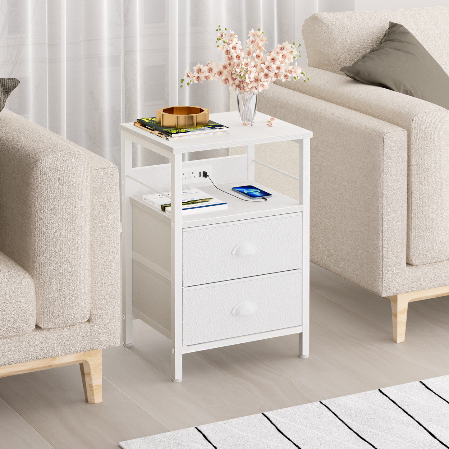 Furologee Nightstand Set of 2, with Charging Station and USB Ports
