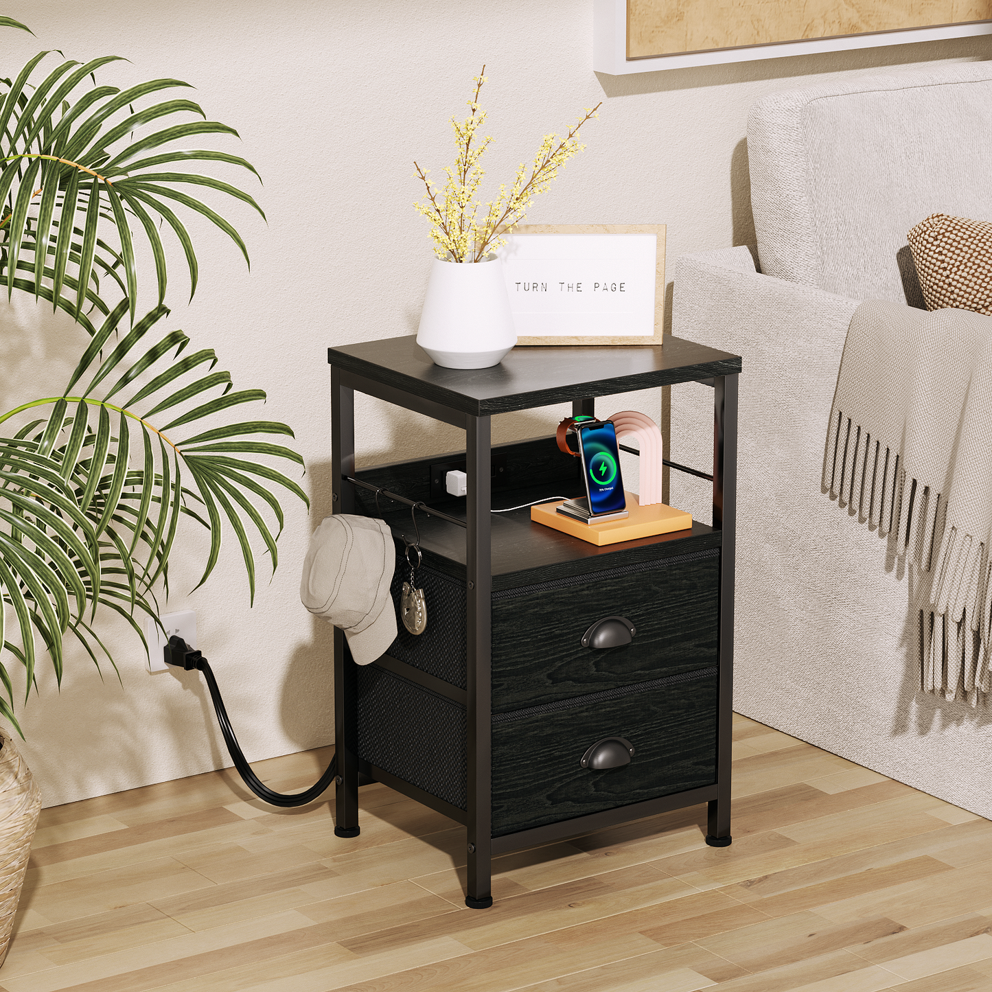 Furologee Nightstand Set of 2, with Charging Station and USB Ports
