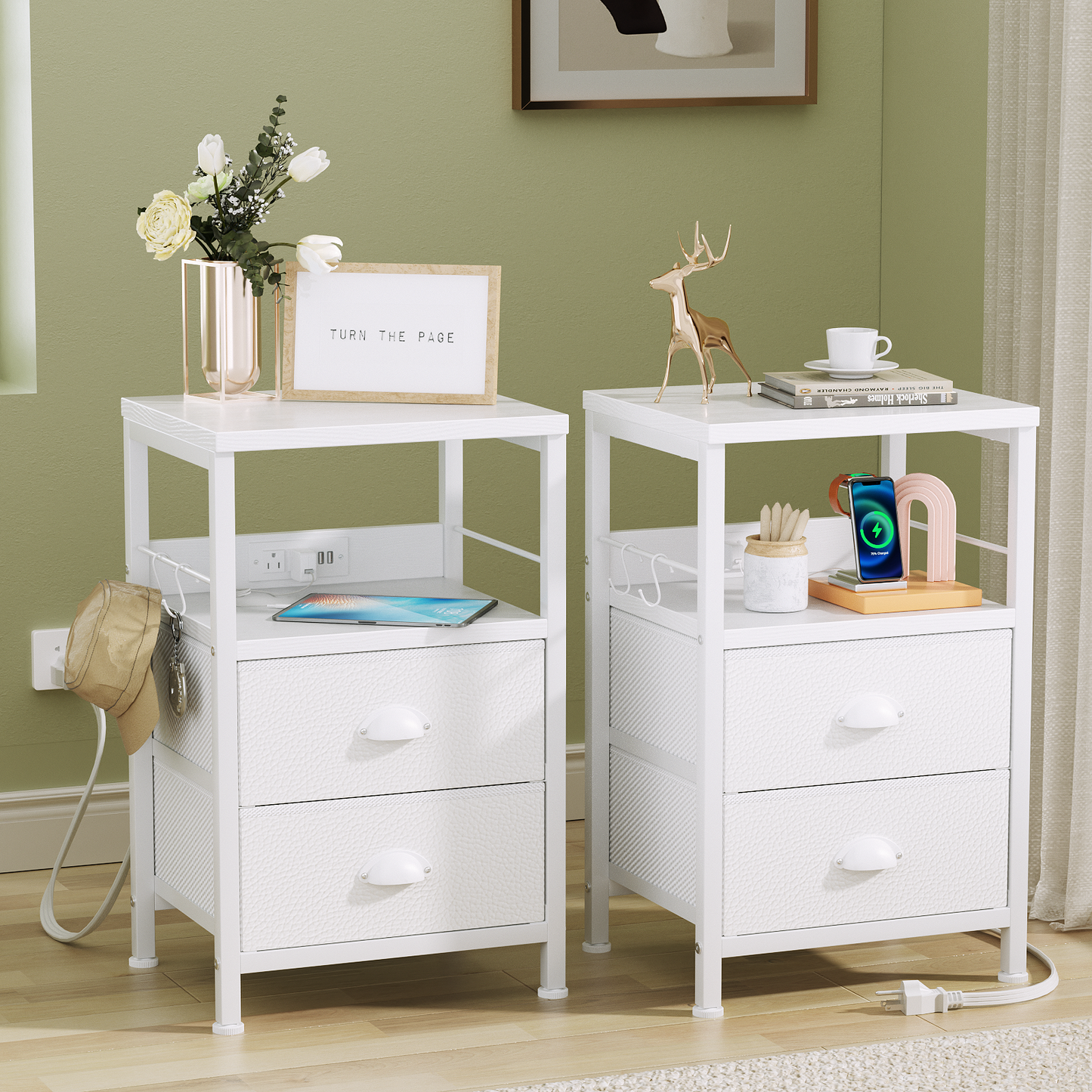 Furologee Nightstand Set of 2, with Charging Station and USB Ports