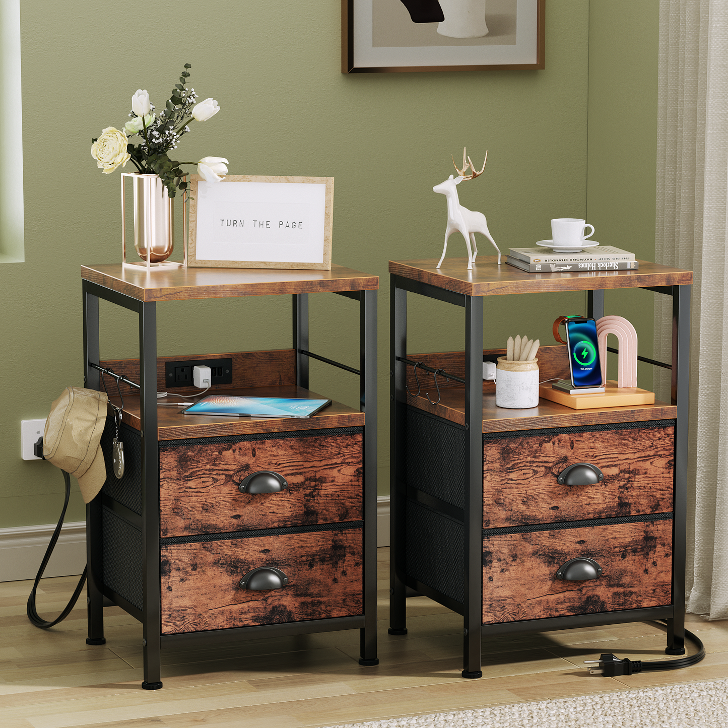 Furologee Nightstand Set of 2, with Charging Station and USB Ports