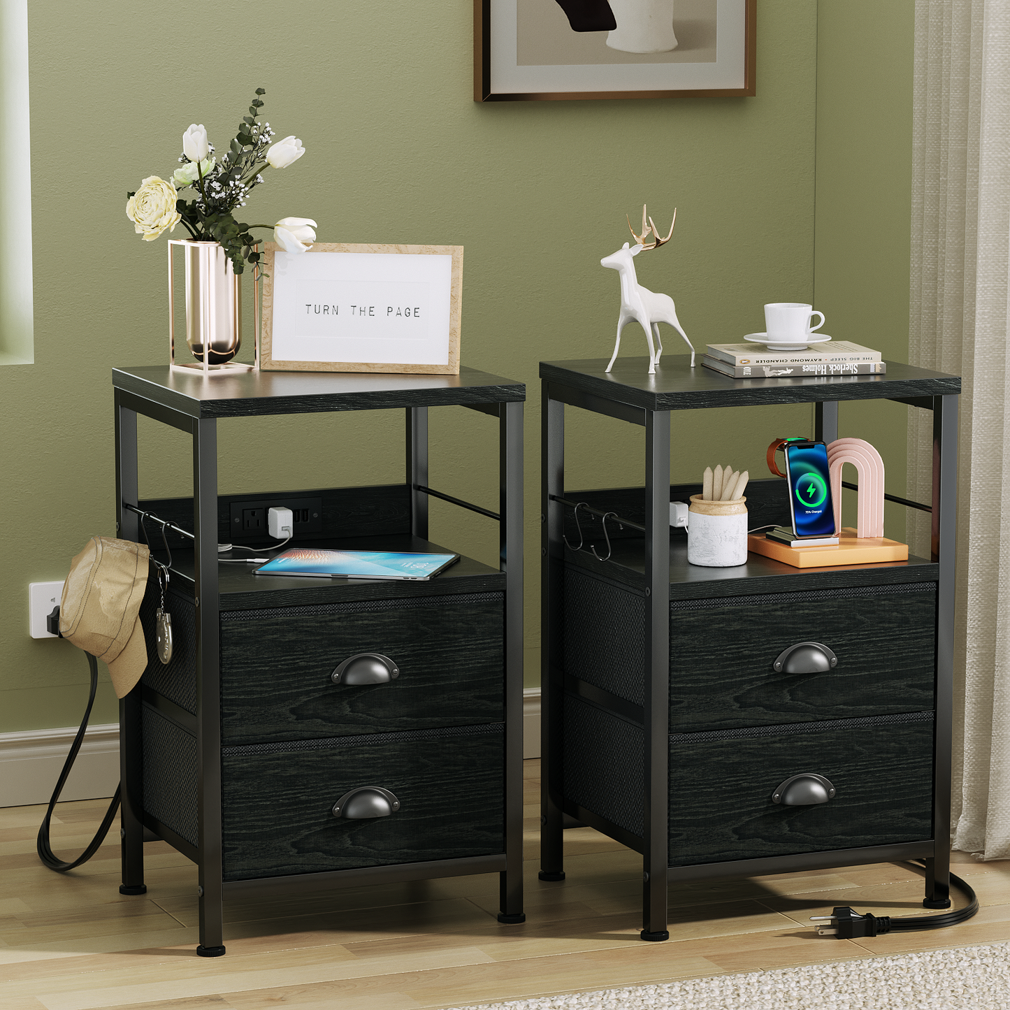 Furologee Nightstand Set of 2, with Charging Station and USB Ports