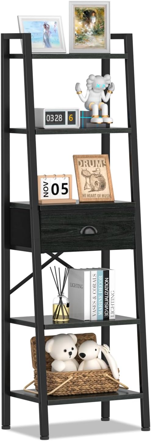 Furologee 5 Tier Bookshelf, Ladder Shelf with Drawer, Tall and Narrow Bookcase