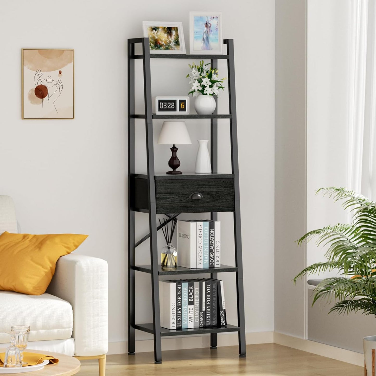 Furologee 5 Tier Bookshelf, Ladder Shelf with Drawer, Tall and Narrow Bookcase