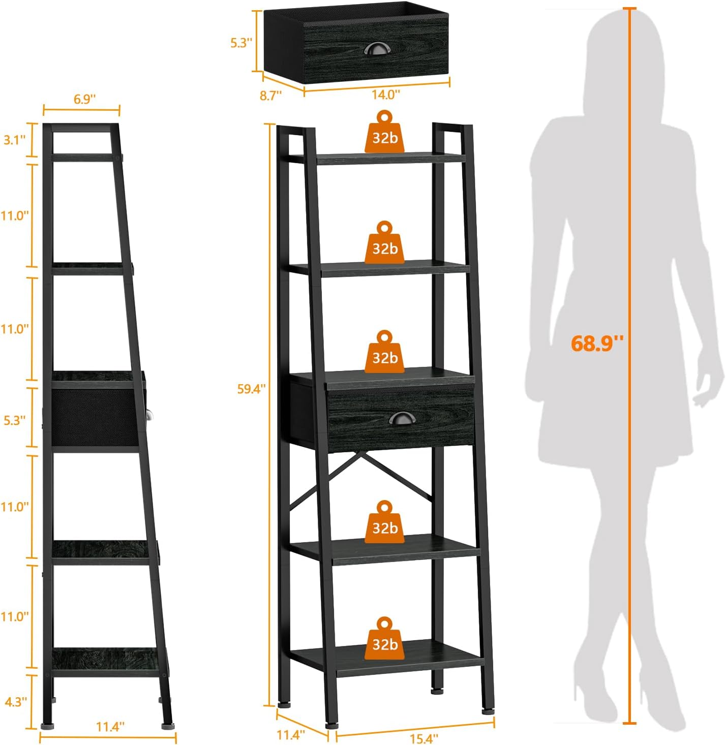 Furologee 5 Tier Bookshelf, Ladder Shelf with Drawer, Tall and Narrow Bookcase
